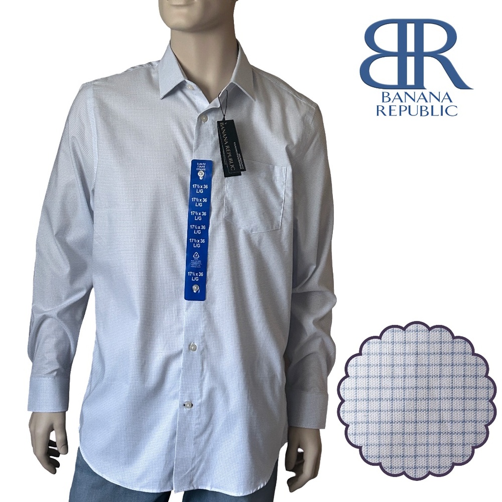 Banana Republic Long Sleeve Dress Shirt Non Iron Slim Fit Windowpane 100% Cotton
